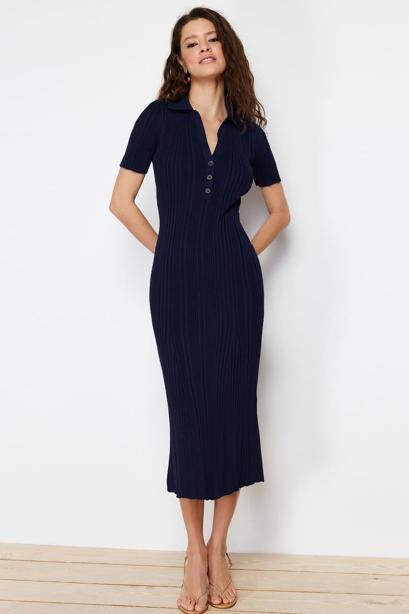 Lacivert Maxi Polo Yaka Elbise