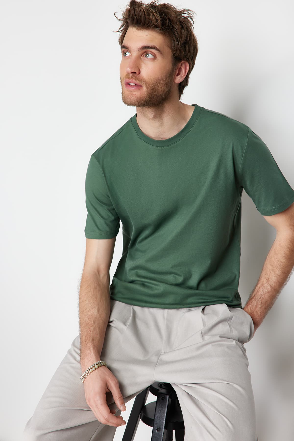 Koyu Yeşil Slim/Dar Kesim %100 Pamuklu Basic Bisiklet Yaka T-Shirt