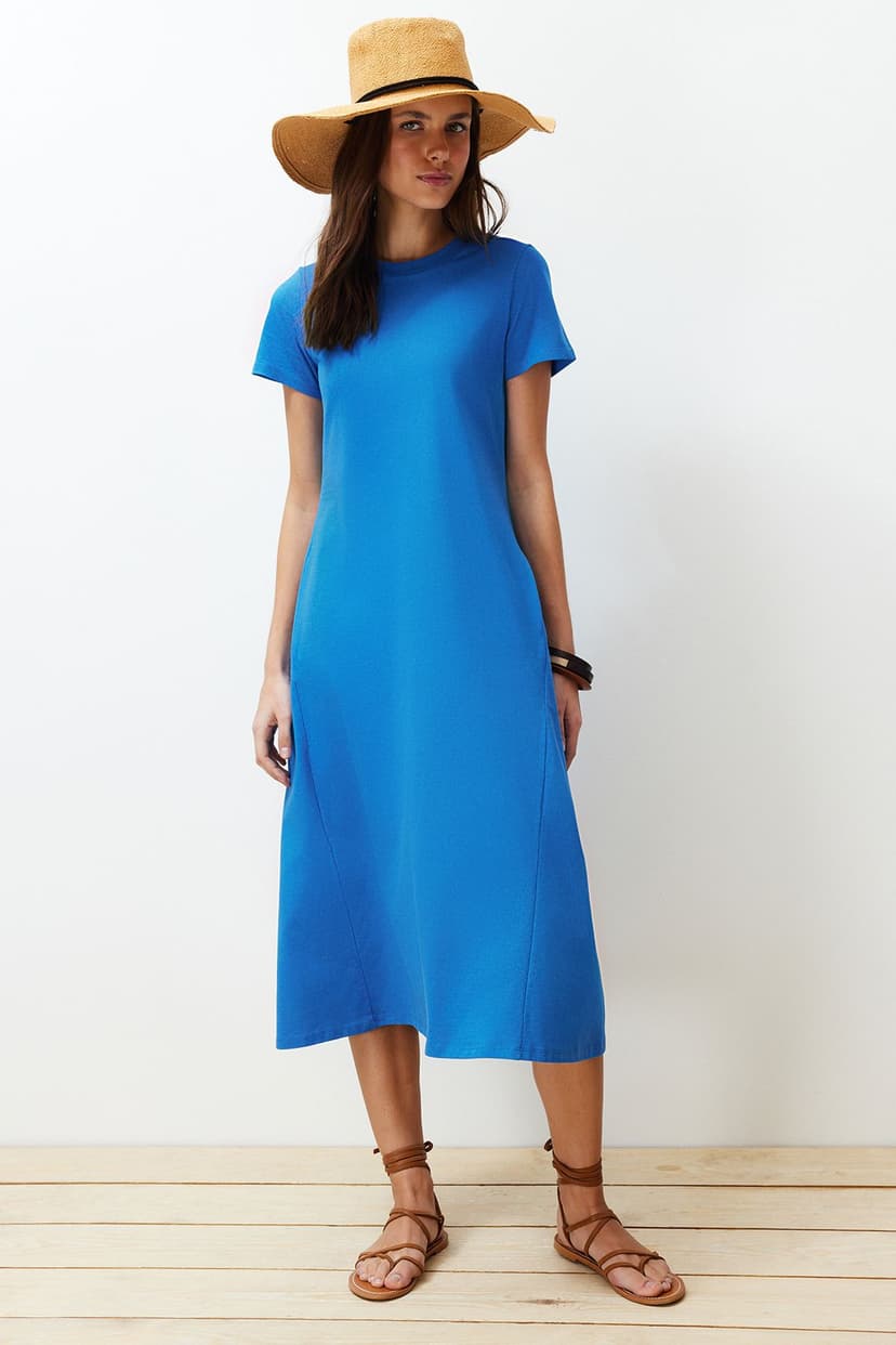 Saks Cepli Premium Bisiklet Yaka A-Line Örme Midi Elbise