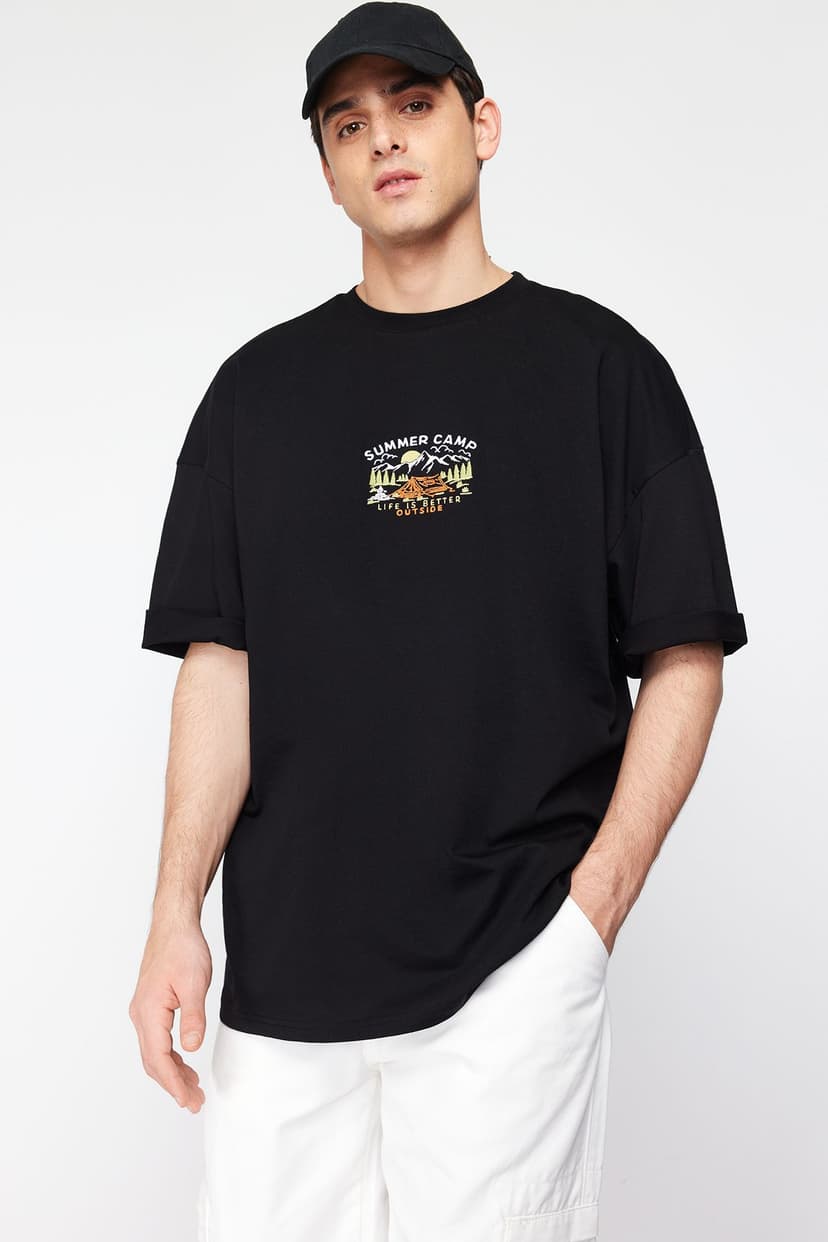 Siyah Oversize/Geniş Kesim Kısa Kol Manzara Nakışlı %100 Pamuklu T-Shirt