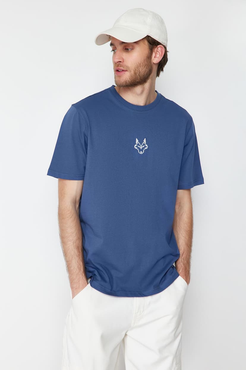 Indigo Regular/Normal Kesim Kurt Nakışlı %100 Pamuklu T-Shirt