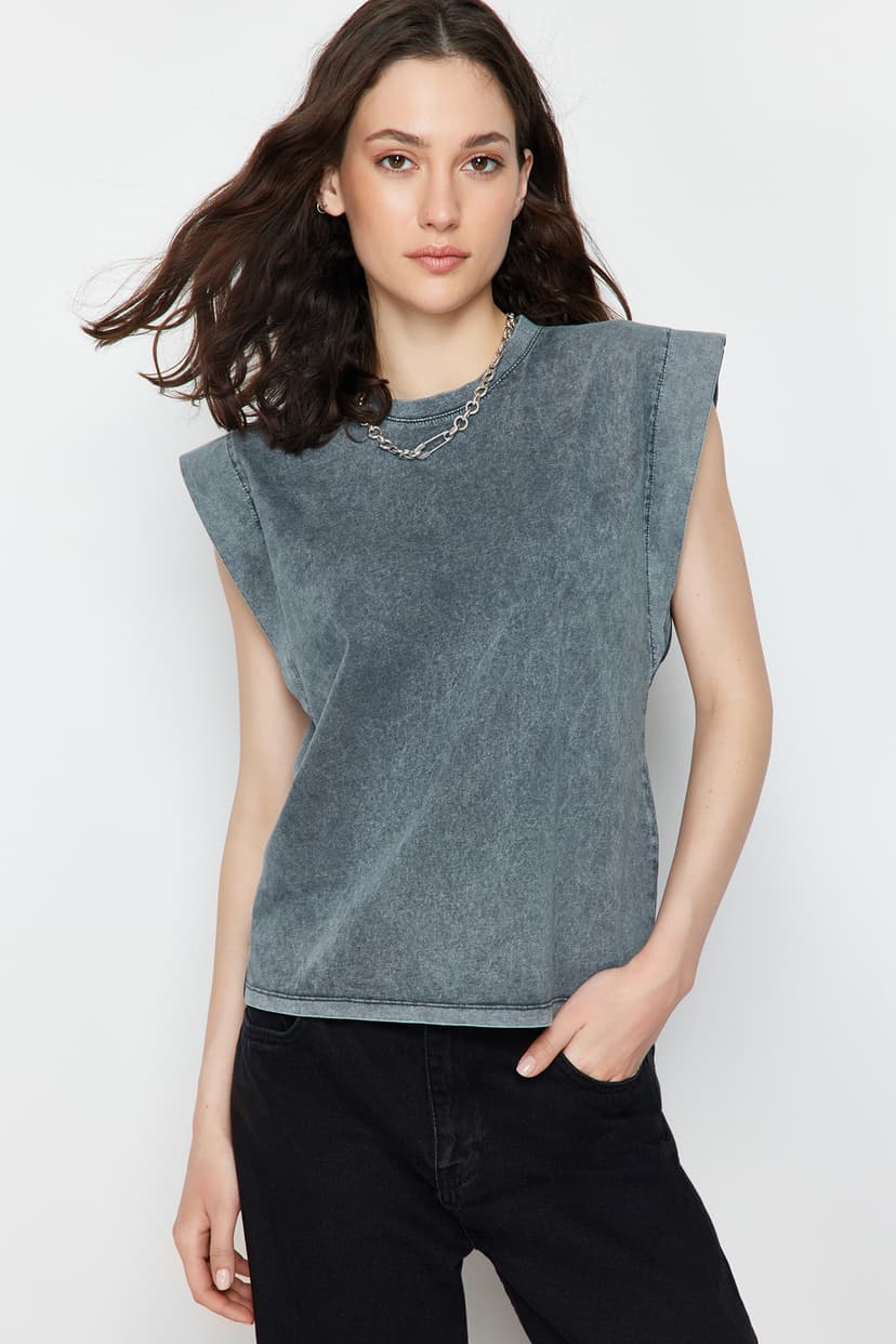 Antrasit*001 Soluk Efektli %100 Pamuk Vatka Görünümlü Basic Bisiklet Yaka Örme T-Shirt