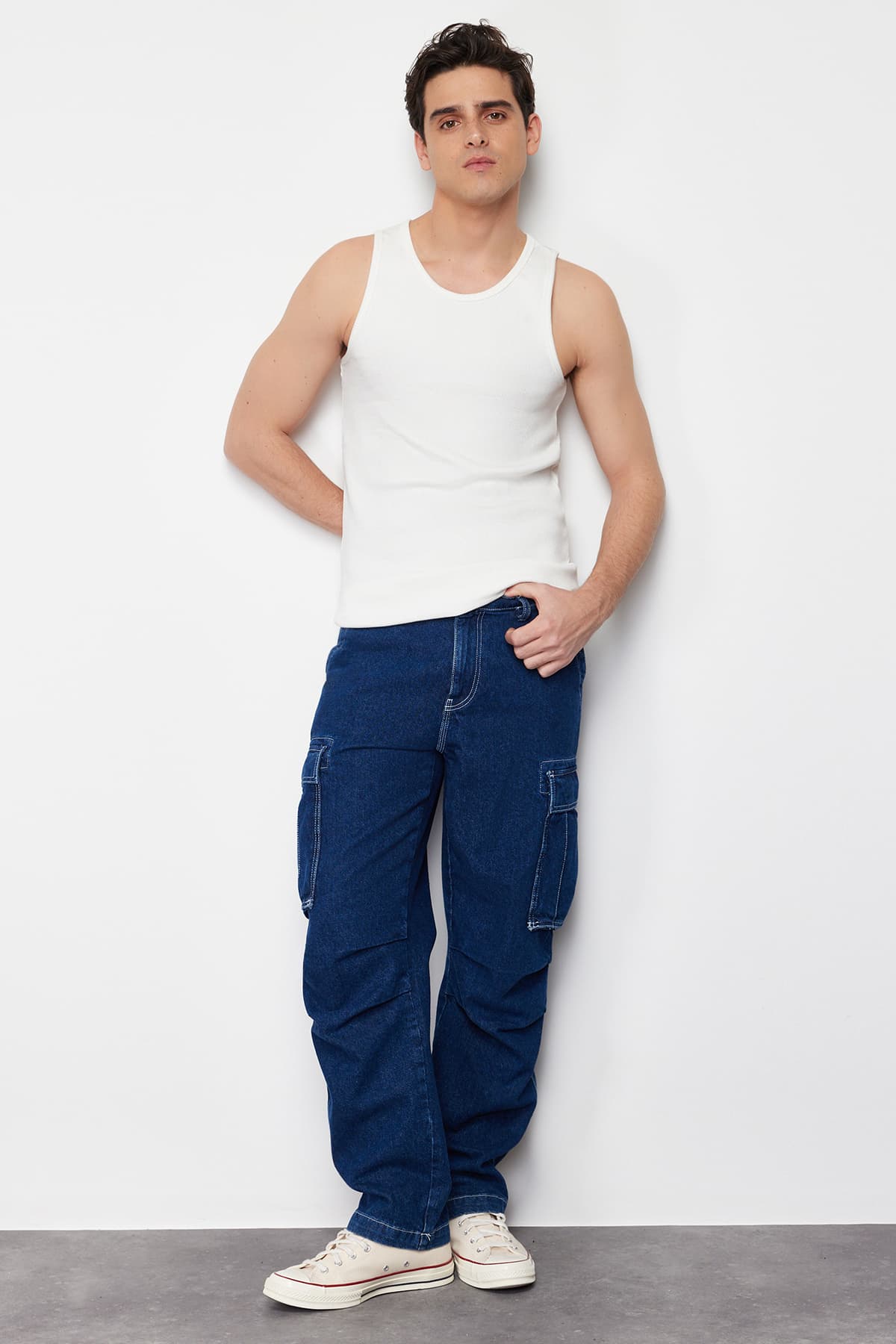 Beyaz Slim/Dar Kesim Fitilli Basic Kolsuz T-Shirt/Atlet