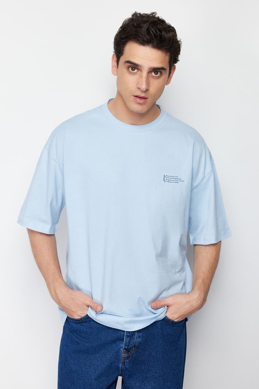 Açık Mavi Oversize %100 Pamuklu Bisiklet Yaka Minimal Yazı Baskılı T-Shirt