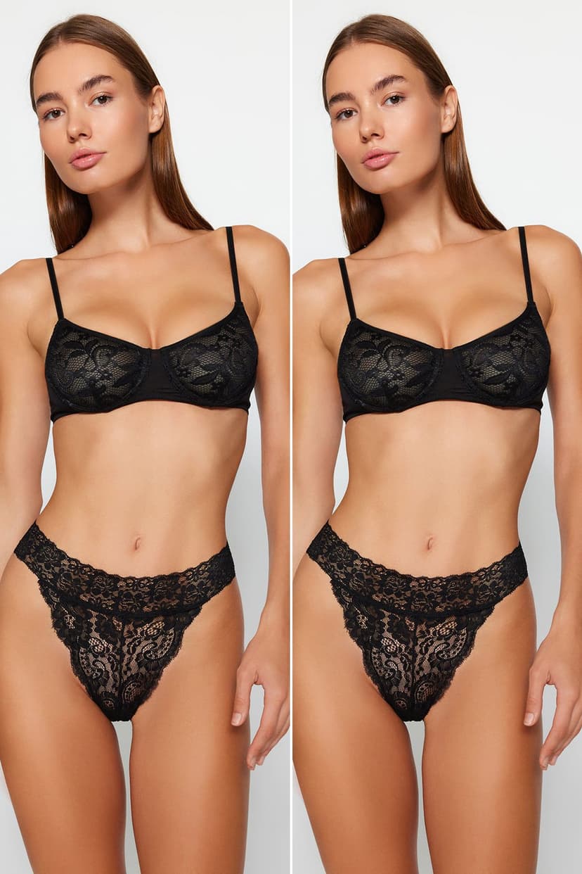 Siyah 2'li Paket Dantelli Tanga Örme Külot