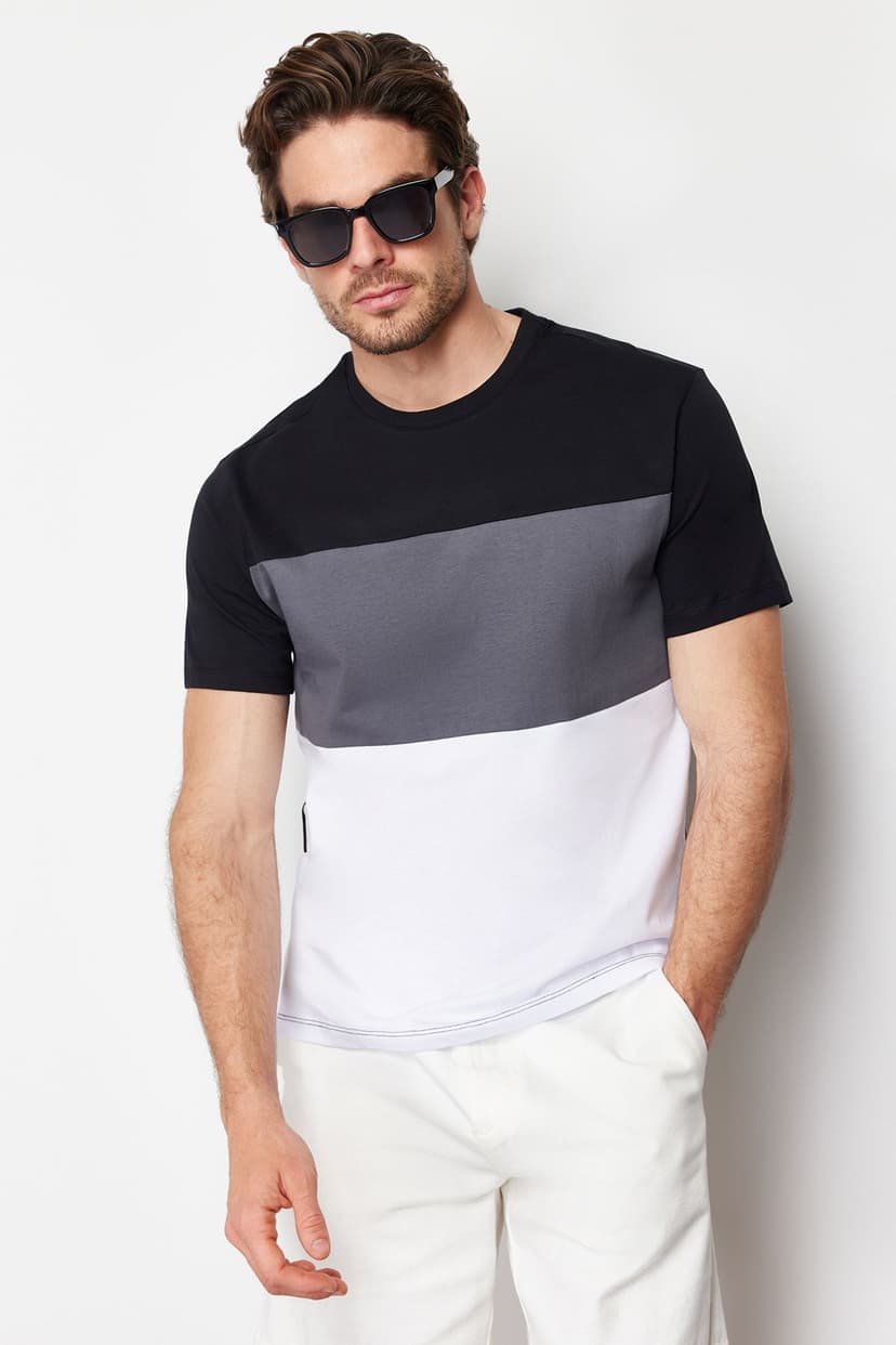 Siyah Regular/Normal Kesim Renk Bloklu %100 Pamuklu T-Shirt