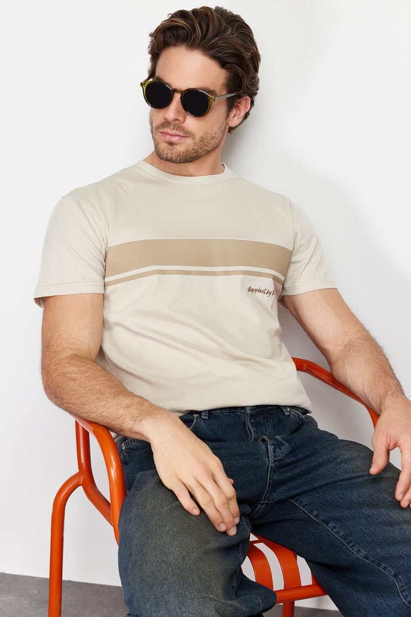 Taş Regular/Normal Bisiklet Yaka Kısa Kollu Çizgili Baskılı %100 Pamuklu T-shirt
