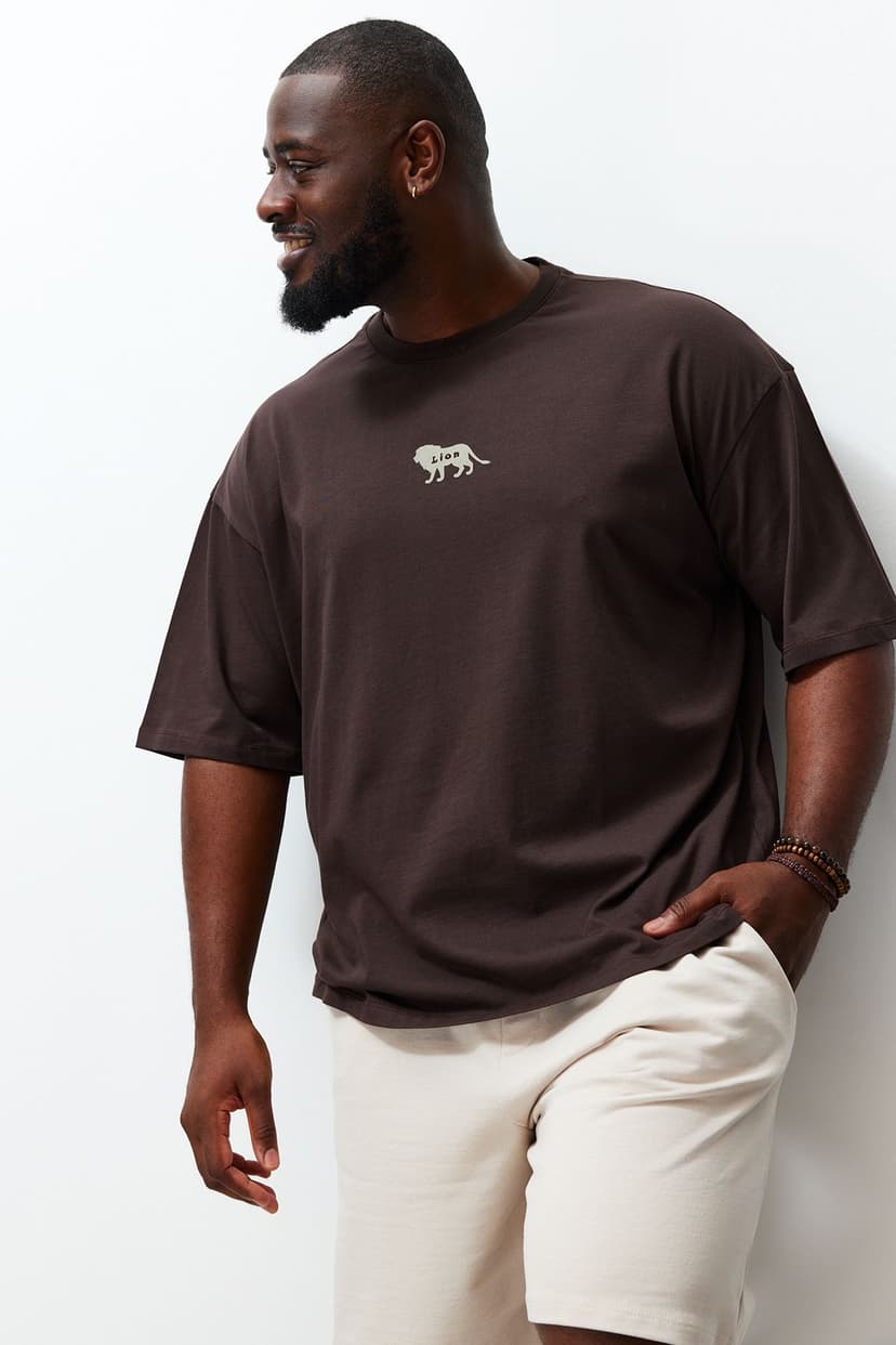 Büyük Beden Koyu Kahverengi Oversize Hayvan Baskı ve Nakışlı %100 Pamuklu T-Shirt