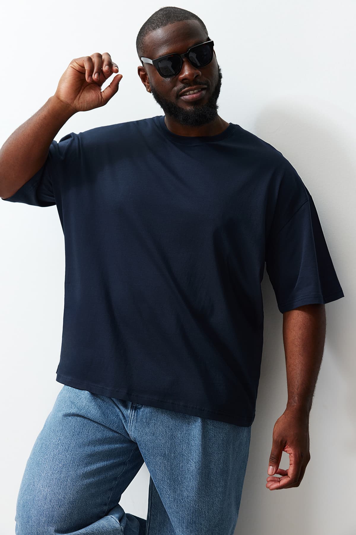 Büyük Beden Lacivert Oversize/Geniş Kesim %100 Pamuklu T-Shirt