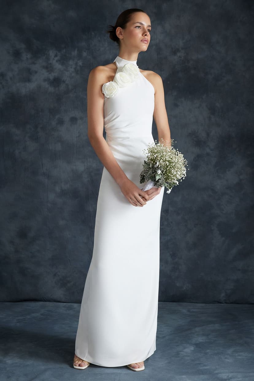 Bridal Beyaz Gül Detaylı Dokuma Şık Abiye Gece Mezuniyet Elbisesi