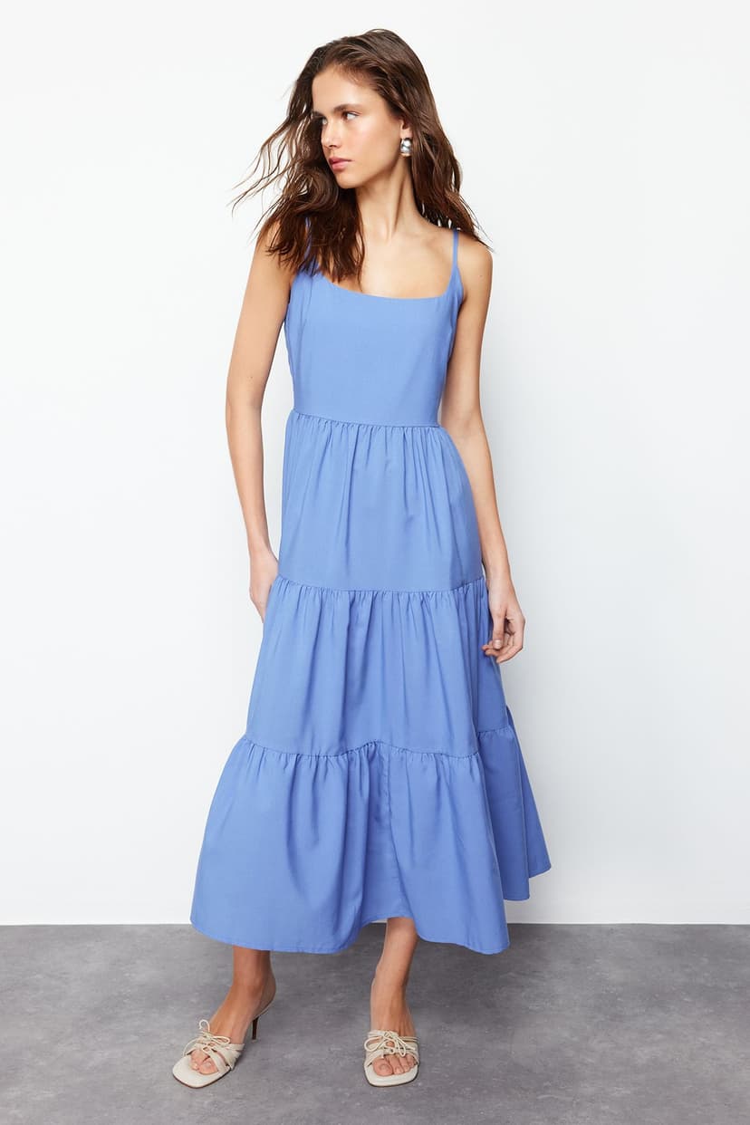 Trendyolmilla Indigo Eteği Belden Açılan Pamuk Karışımlı Maxi Dokuma Elbise TWOSS24EL00386