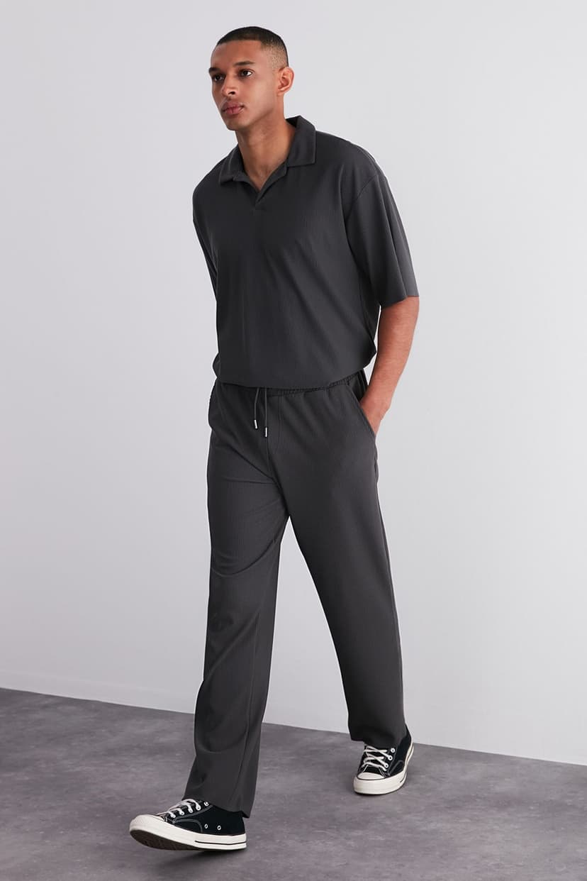 Limited Edition Füme Straight Fit Dokulu Gizli Kordonlu Tek Parça Eşofman Altı