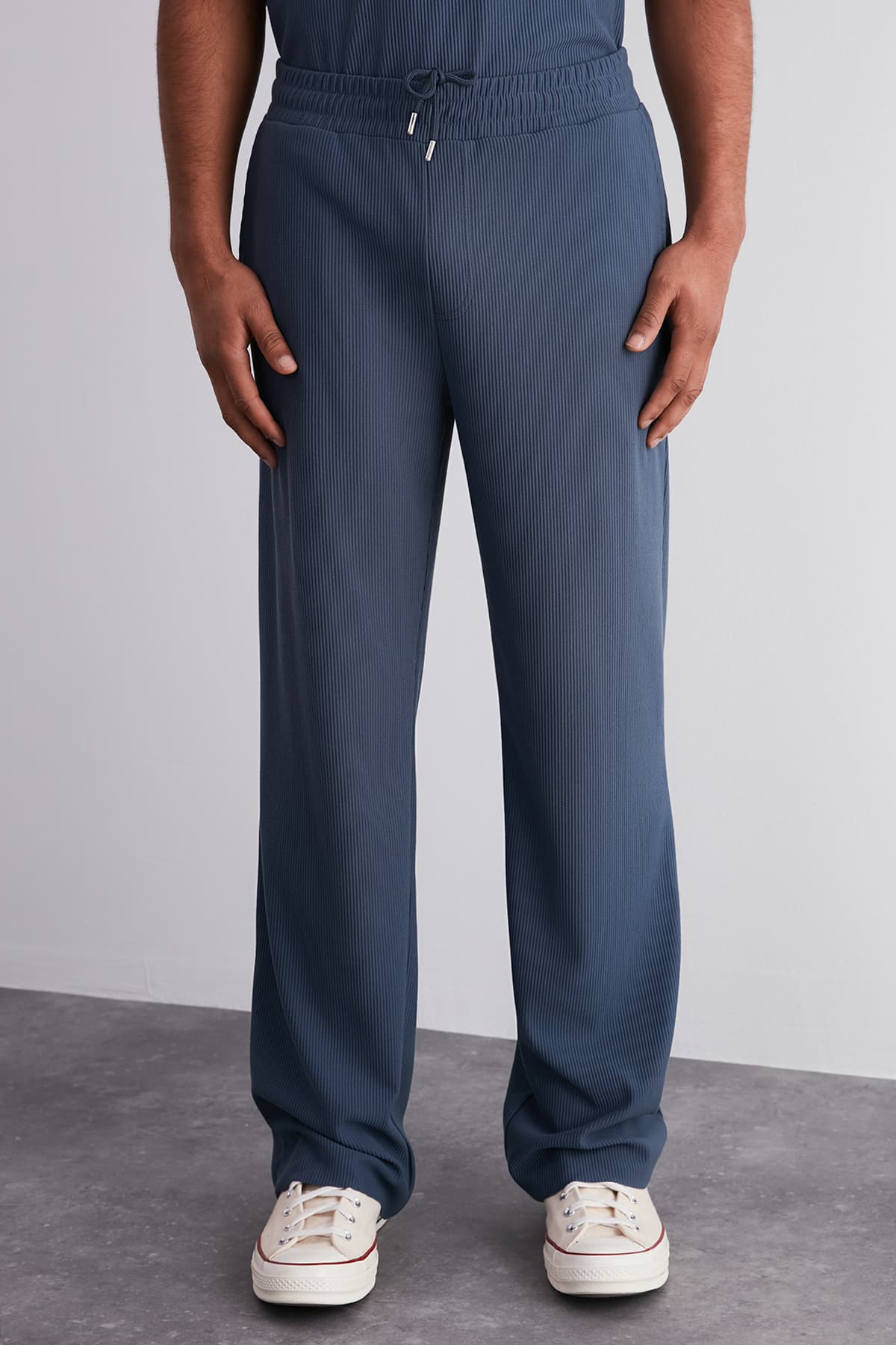 Limited Edition Indigo Straight Fit Dokulu Gizli Kordonlu Tek Parça Eşofman Altı