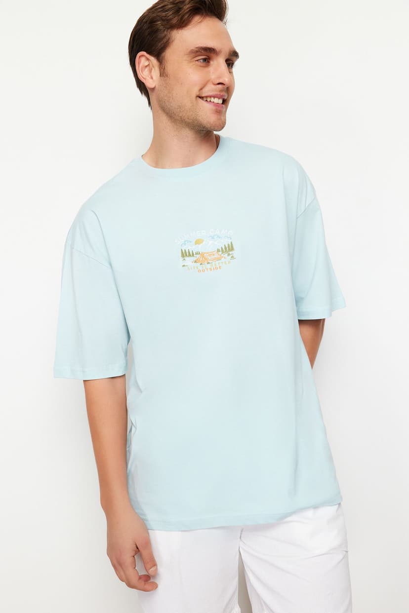 Mavi Oversize/Geniş Kesim Kısa Kol Manzara Nakışlı %100 Pamuklu T-Shirt