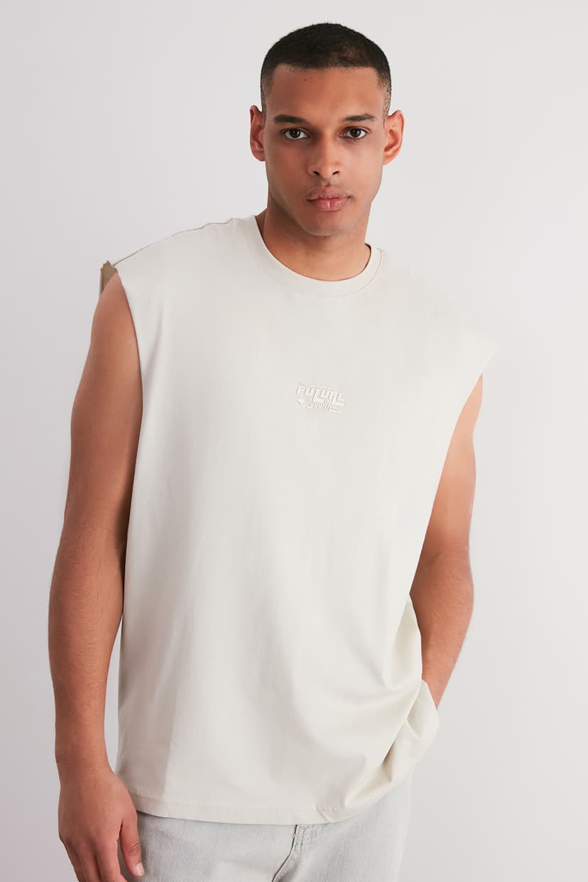 Taş Oversize/Geniş Kesim Kabarık Yazı Baskılı Etiketli Sıfır Kol T-Shirt/Atlet
