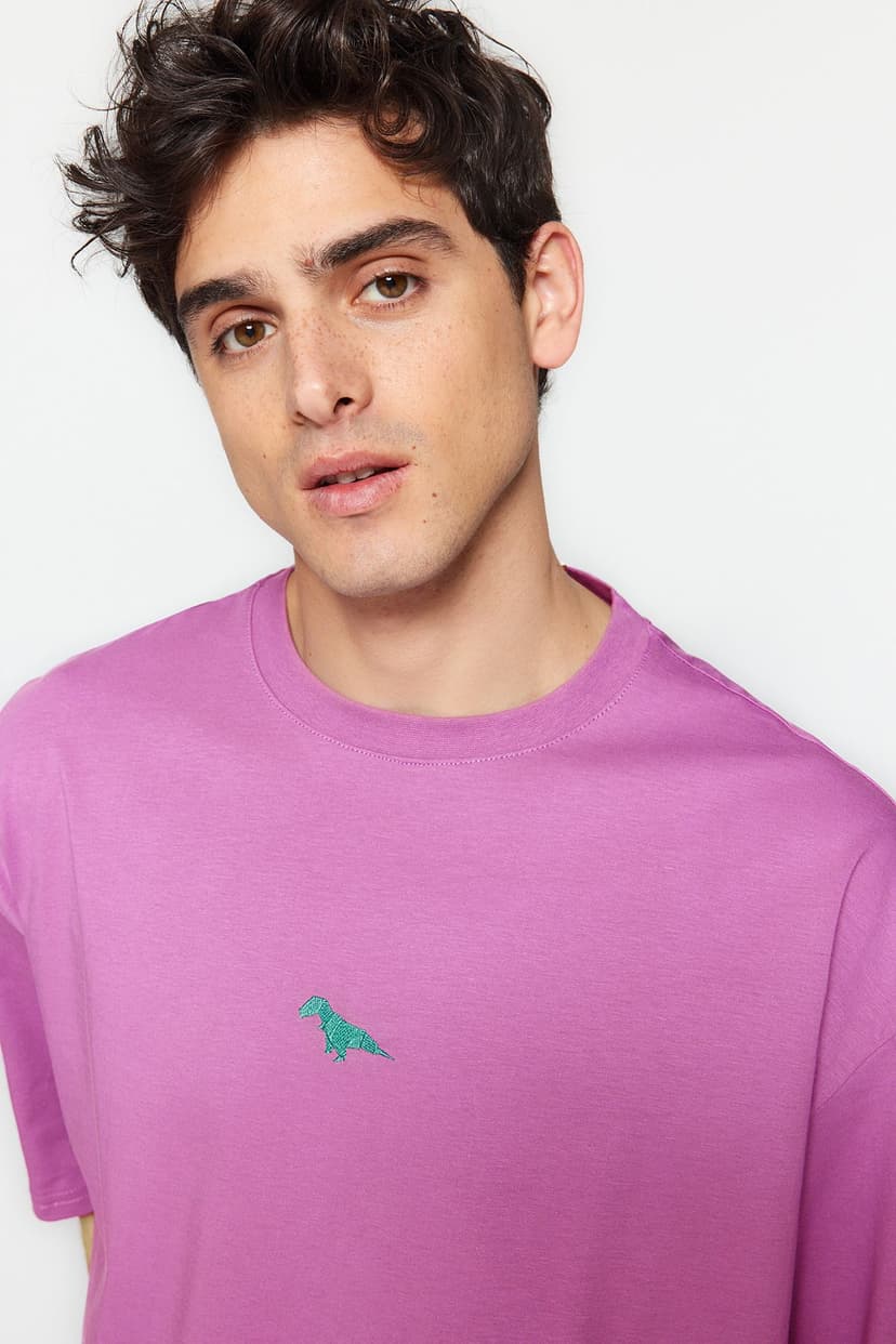 Mürdüm Oversize/Geniş Kesim Dinozor Nakışlı Kısa Kol %100 Pamuklu T-Shirt