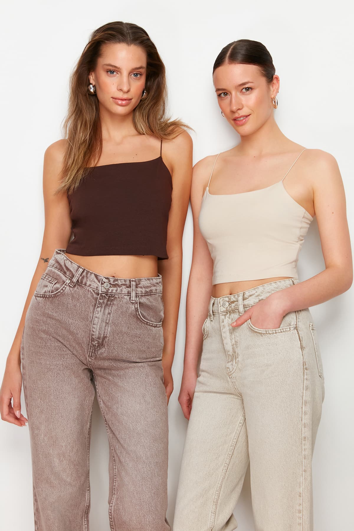 Kahverengi-Bej 2'li Paket Pamuklu Spagetti Askılı Crop Esnek Örme Atlet