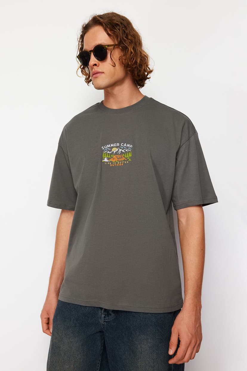 Antrasit Oversize/Geniş Kesim Kısa Kol Manzara Nakışlı %100 Pamuklu T-Shirt
