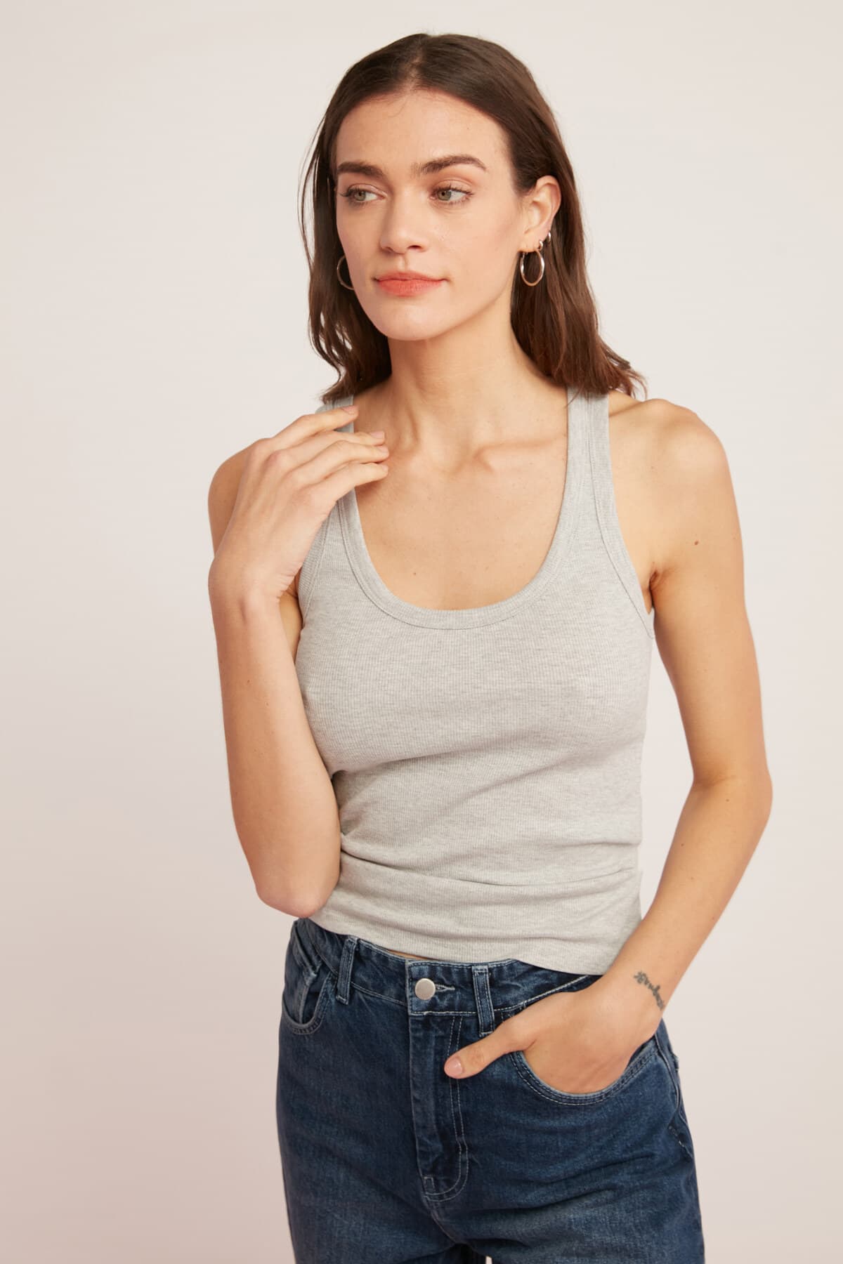 Lıllesol Kadın Fitilli Görünümlü Kalın Askılı Basic Gri Atlet