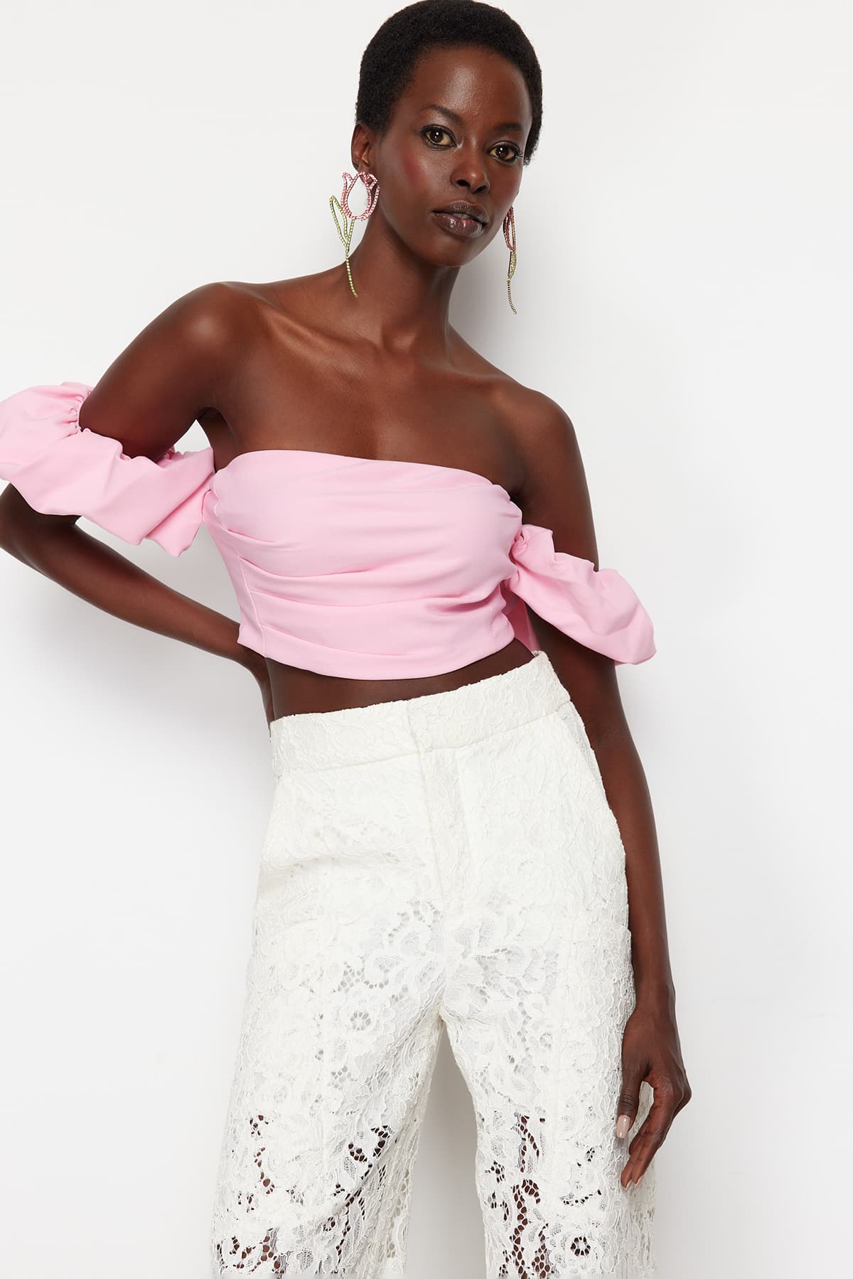 Pembe Crop Dokuma Büstiyer