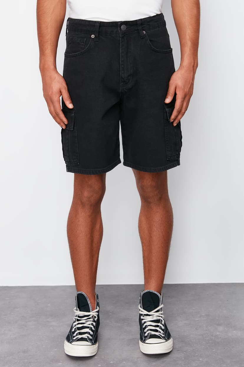Siyah Regular Fit Kargo Cepli Kot Şort