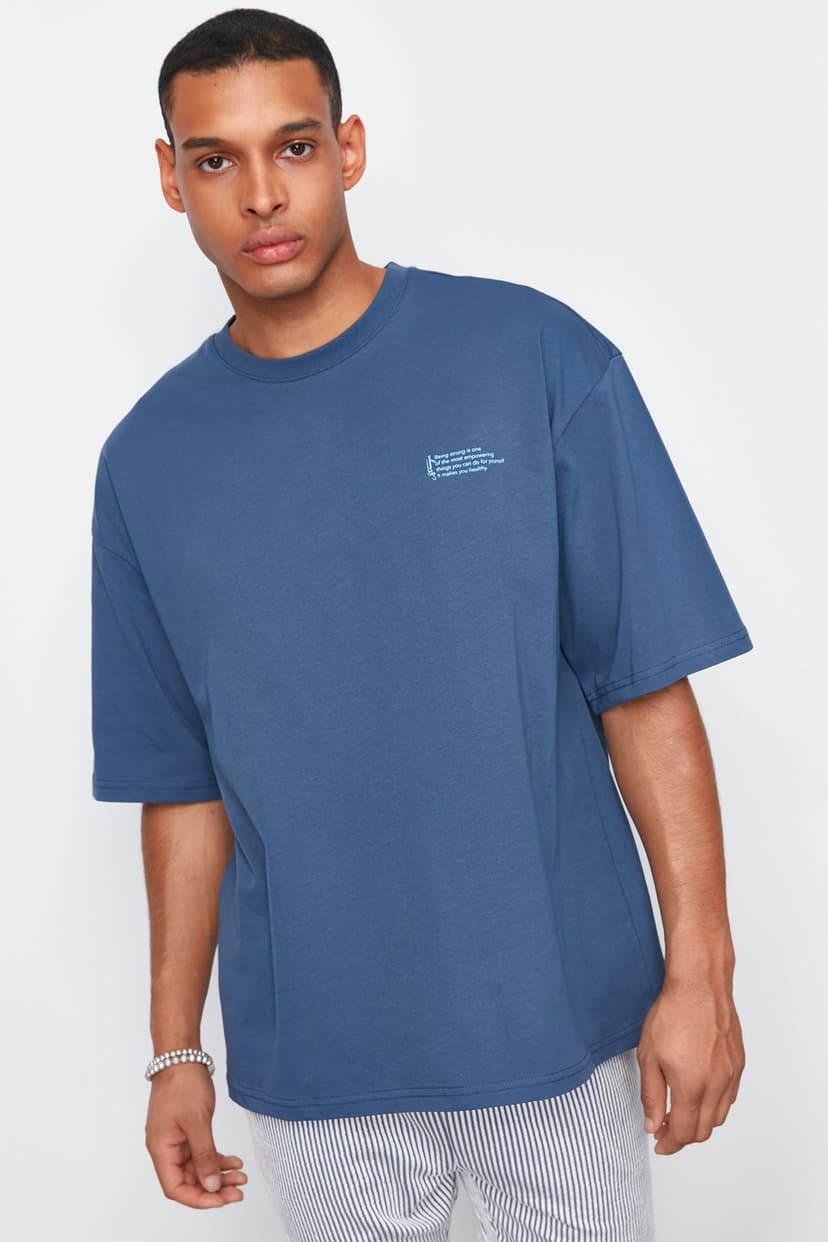 Indigo Oversize %100 Pamuklu Bisiklet Yaka Minimal Yazı Baskılı T-Shirt