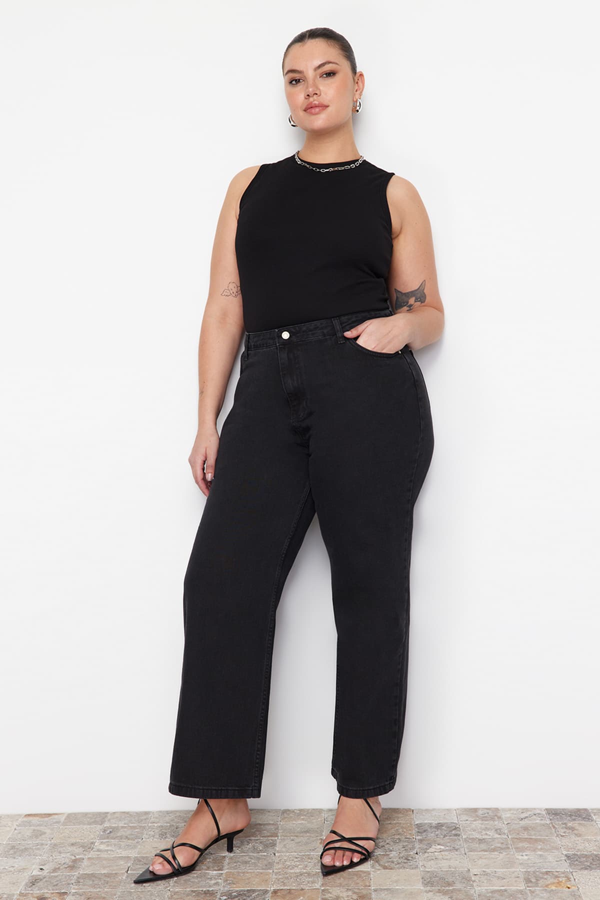 Antrasit Yüksek Bel Geniş Paça Büyük Beden Wide Leg Jeans