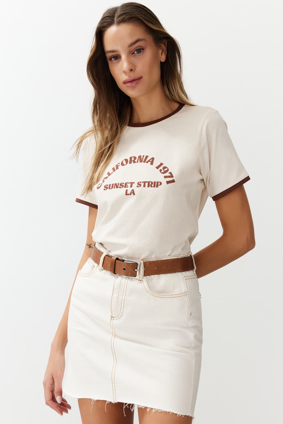 Taş %100 Pamuk Slogan Baskılı Kontrast Biye Detaylı Örme T-Shirt