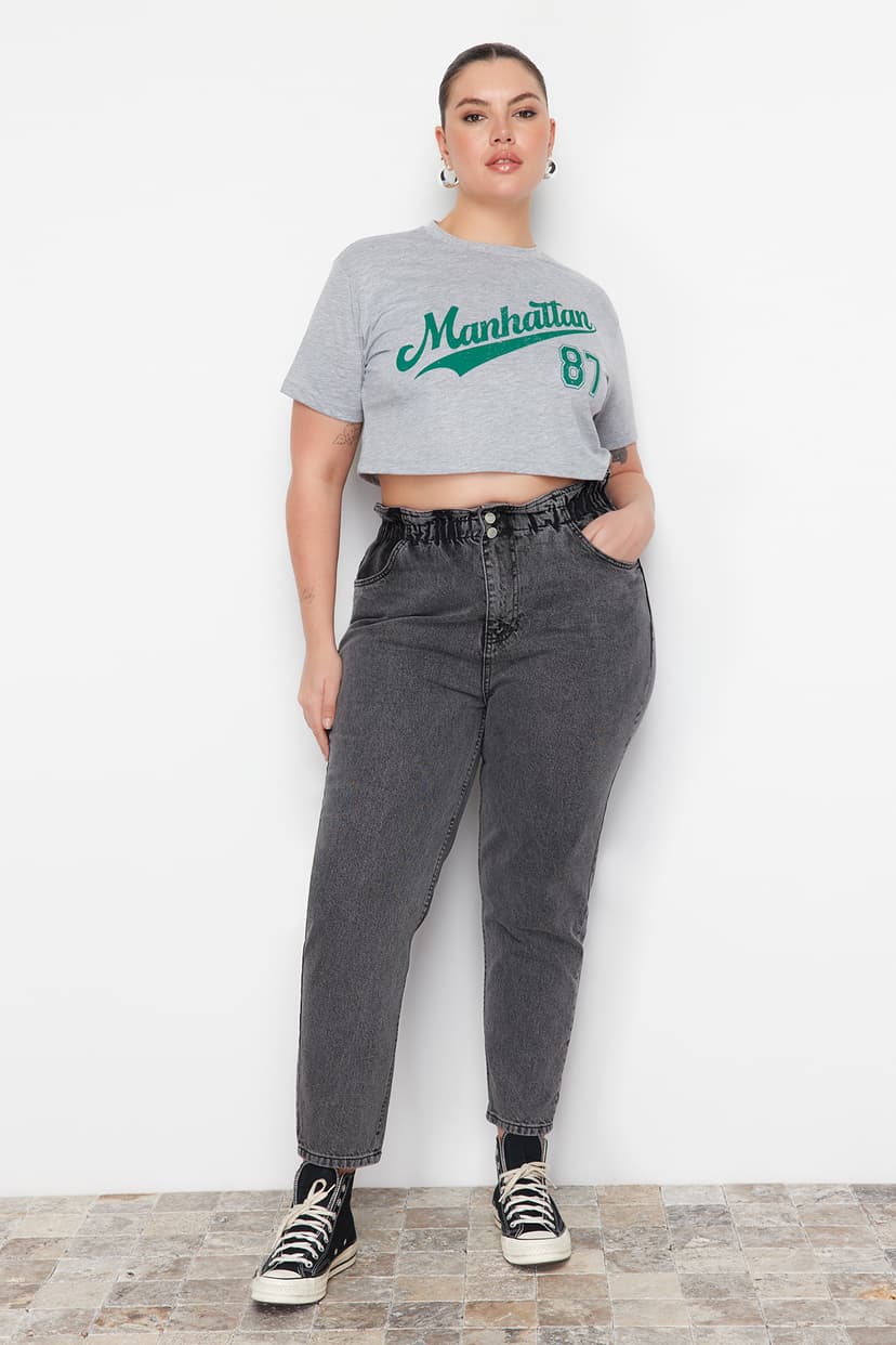 Gri Yüksek Bel Beli Lastikli Mom Jeans