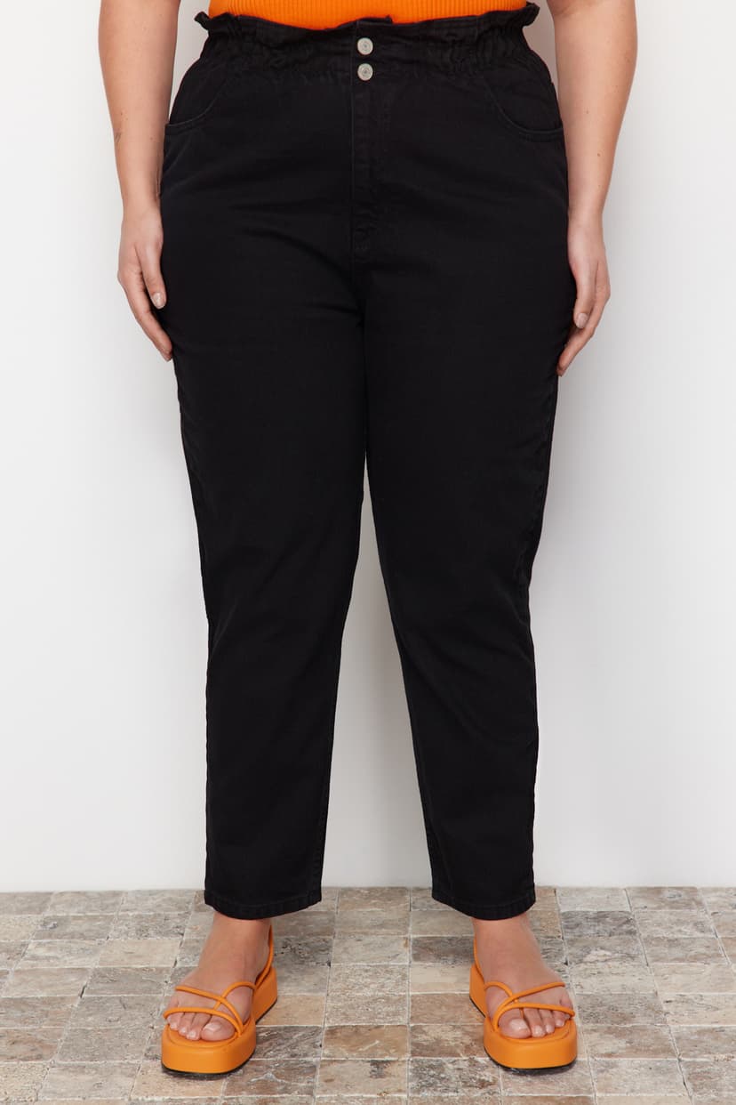 Siyah Yüksek Bel Beli Lastikli Mom Jeans