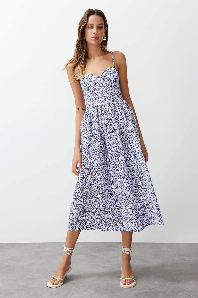 Trendyolmilla Mavi Çiçek Desenli A Kesim Kalp Yaka Maxi Poplin Dokuma Elbise TWOSS24EL00700