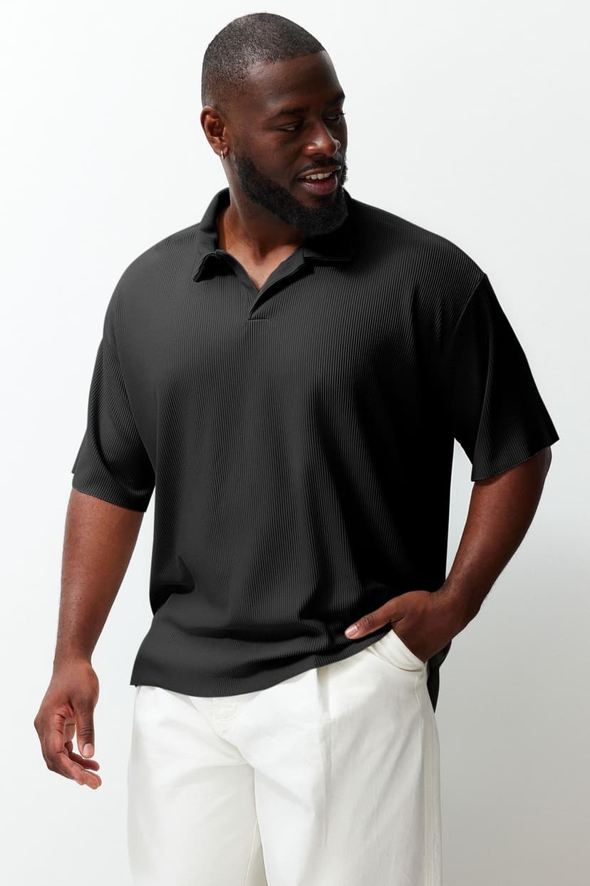 Premium Büyük Beden Siyah Oversize Dokulu Ottoman Polo Yaka T-Shirt