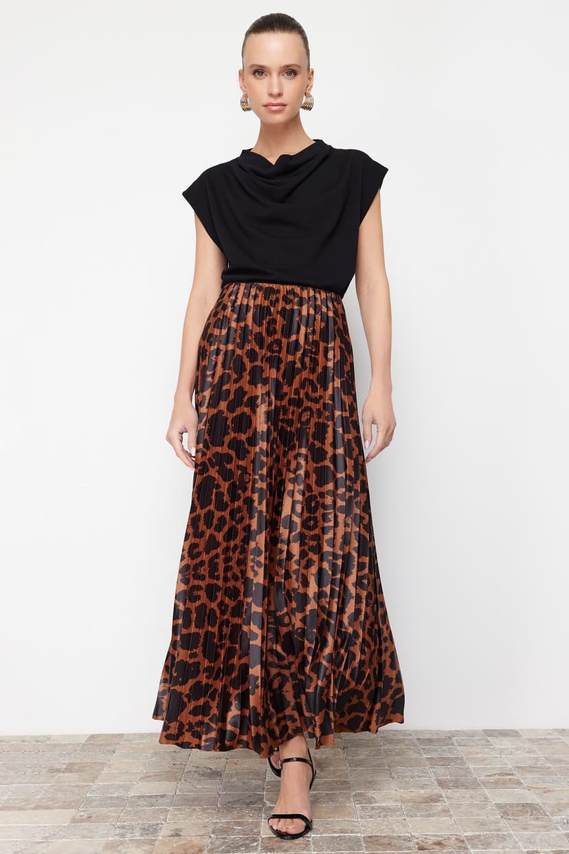 Kahverengi Piliseli Animal Print Baskılı Esnek Örme Etek