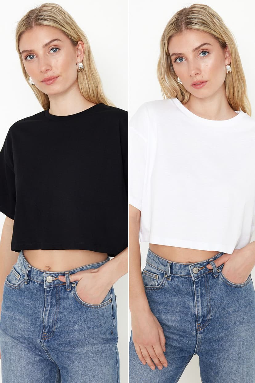 Siyah-Beyaz 2'li Paket %100 Pamuk Relax/Rahat Kesim Crop Örme T-Shirt
