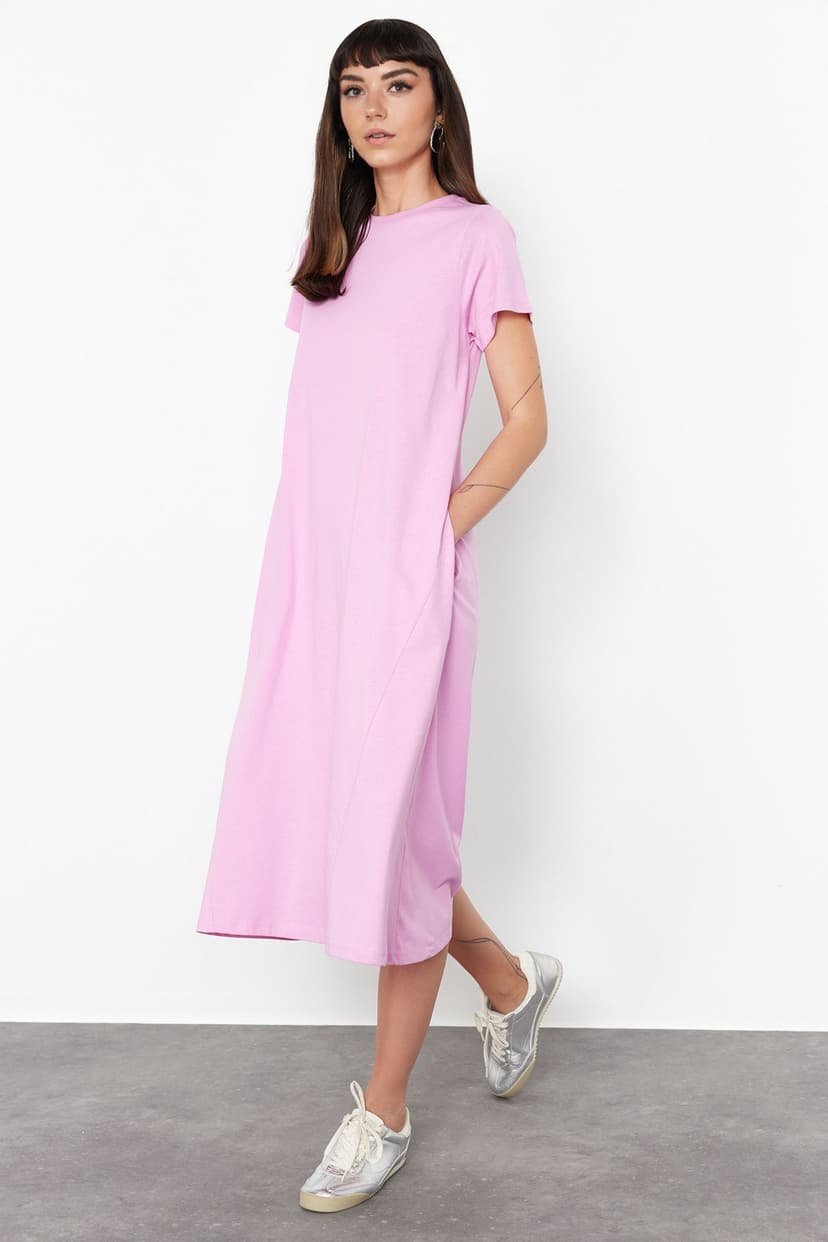 Pembe Düz T-shirt Elbise Cep Midi Örme Elbise