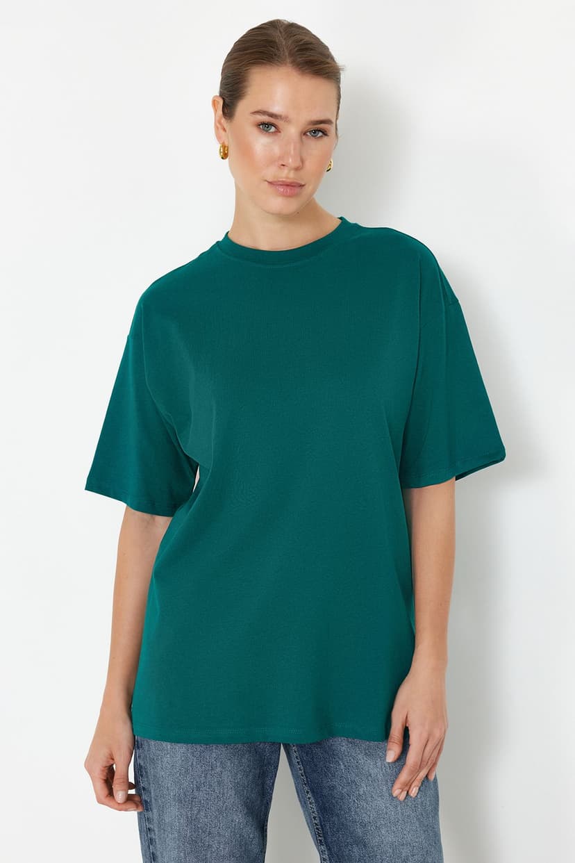 Zümrüt Yeşili %100 Pamuk Premium Oversize/Geniş Kalıp Bisiklet Yaka Örme T-Shirt
