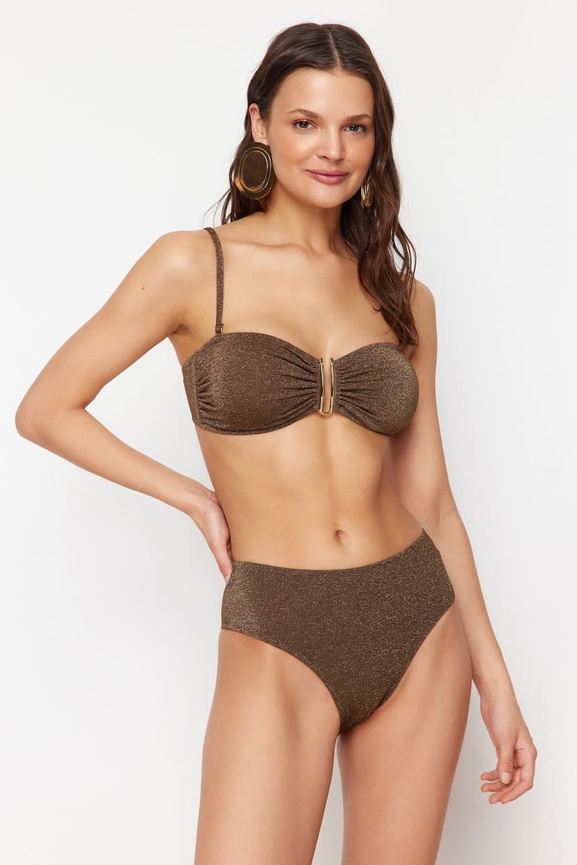 Kahverengi Straplez Aksesuarlı Simli Brazilian Bikini Takımı