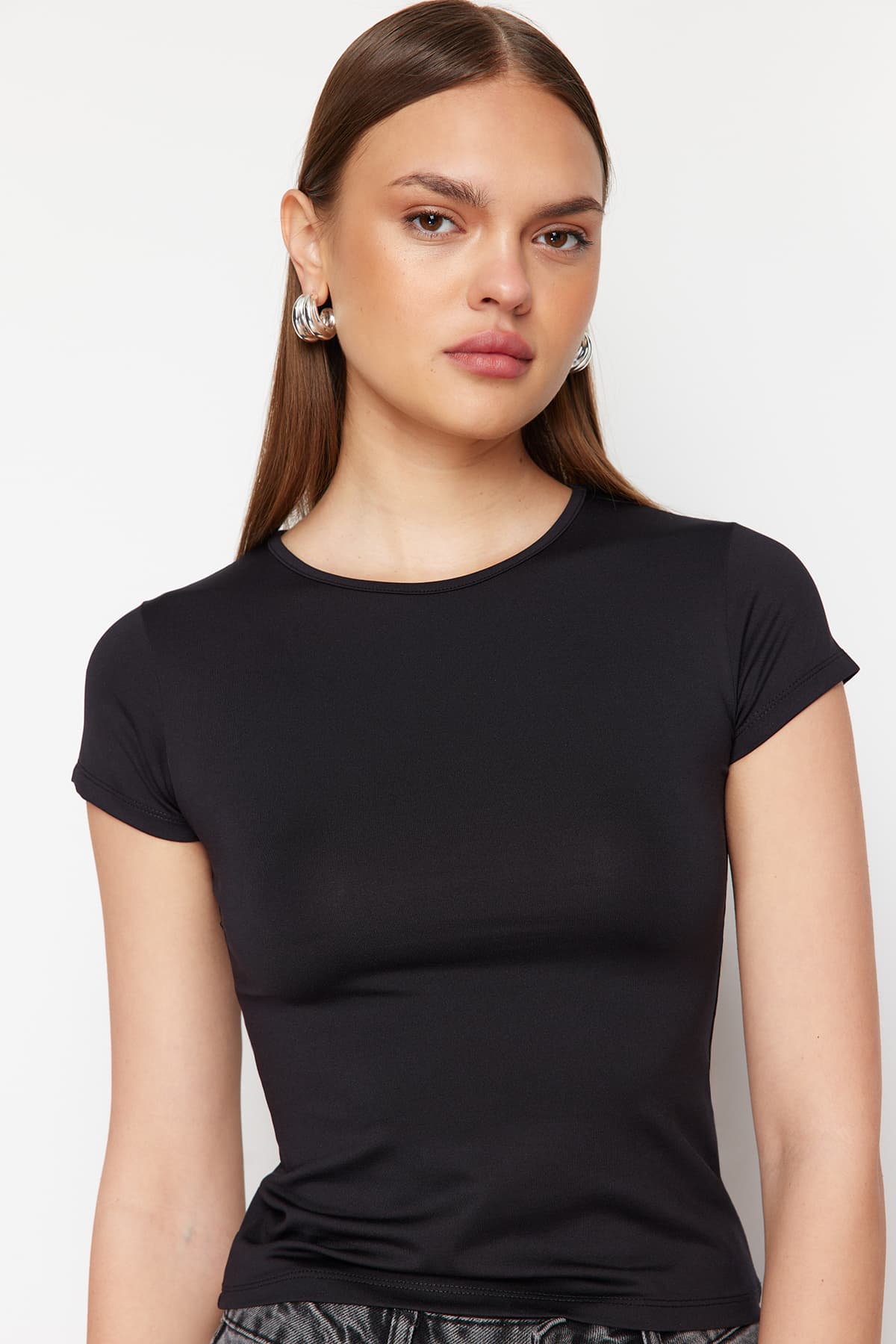 Siyah Poliamid Kısa Kol Bisiklet Yaka Fitted/Vücuda Oturan Örme T-Shirt