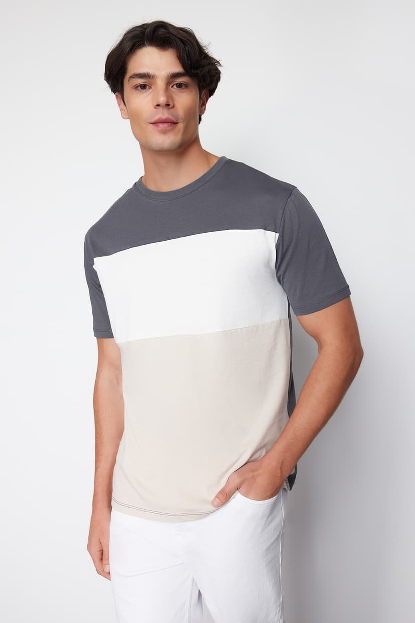Antrasit Regular/Normal Kesim Renk Bloklu %100 Pamuklu T-Shirt