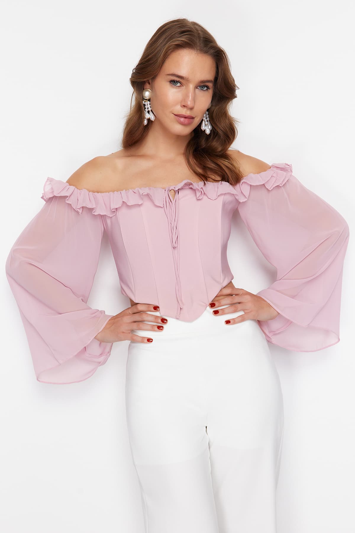 Gül Kurusu Korse Detaylı Dokuma Şifon Büstiyer