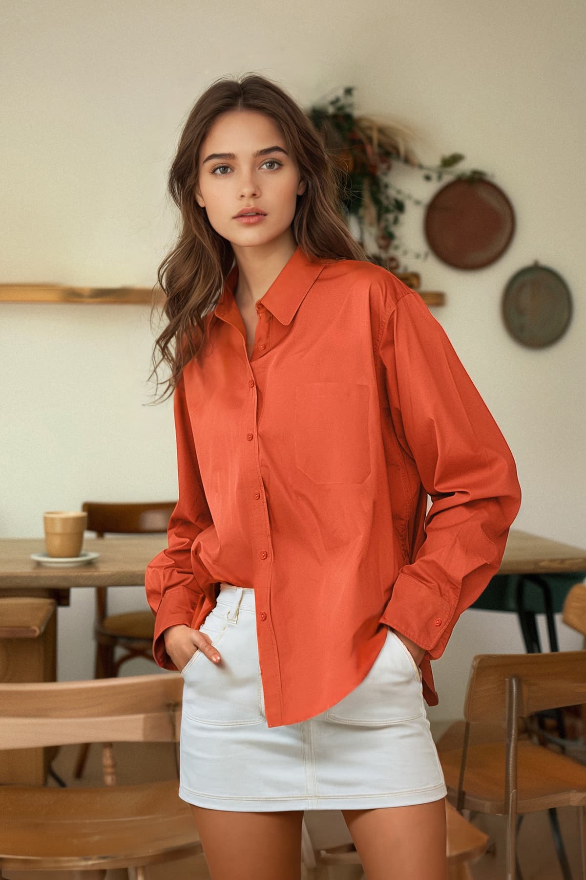 Kiremit Tek Cepli Boyfriend/Geniş Kalıp Pamuklu Dokuma Gömlek