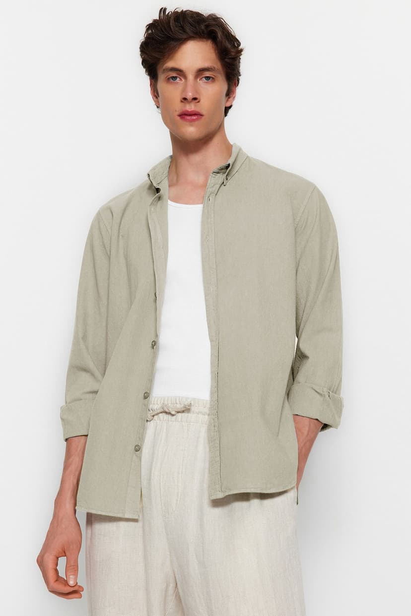 Bej Unisex Regular Fit %100 Pamuklu Keten Görünümlü Gömlek