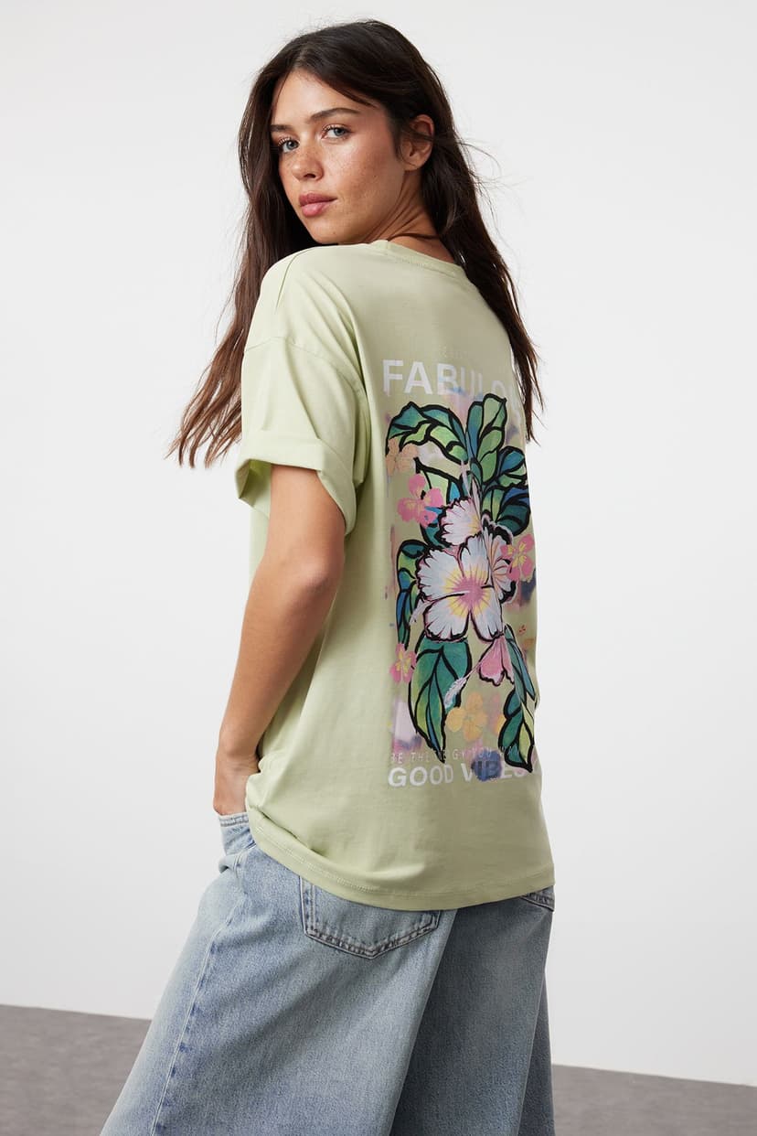Mint %100 Pamuk Sırt ve Ön Baskılı Oversize/Geniş Kesim Örme T-Shirt