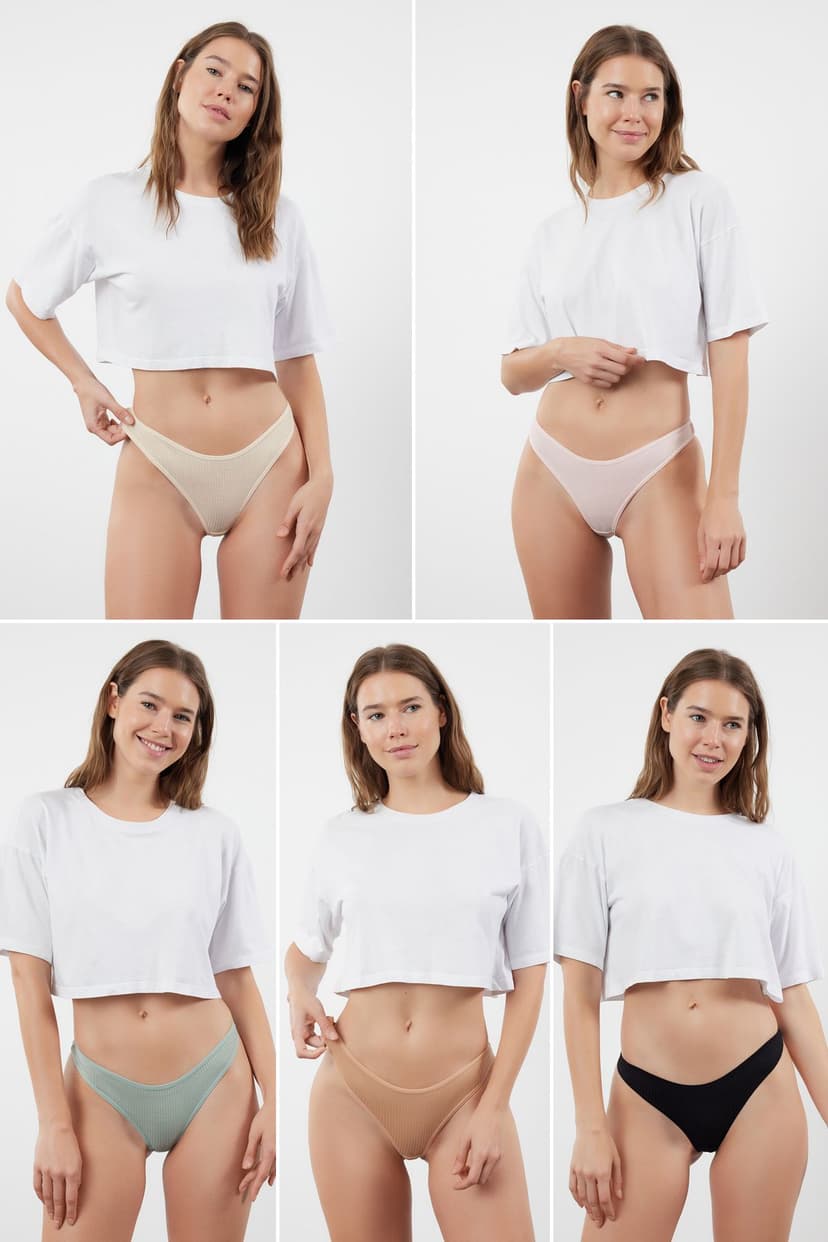 Çok Renkli 5'li Paket Fitilli Tanga Örme Külot