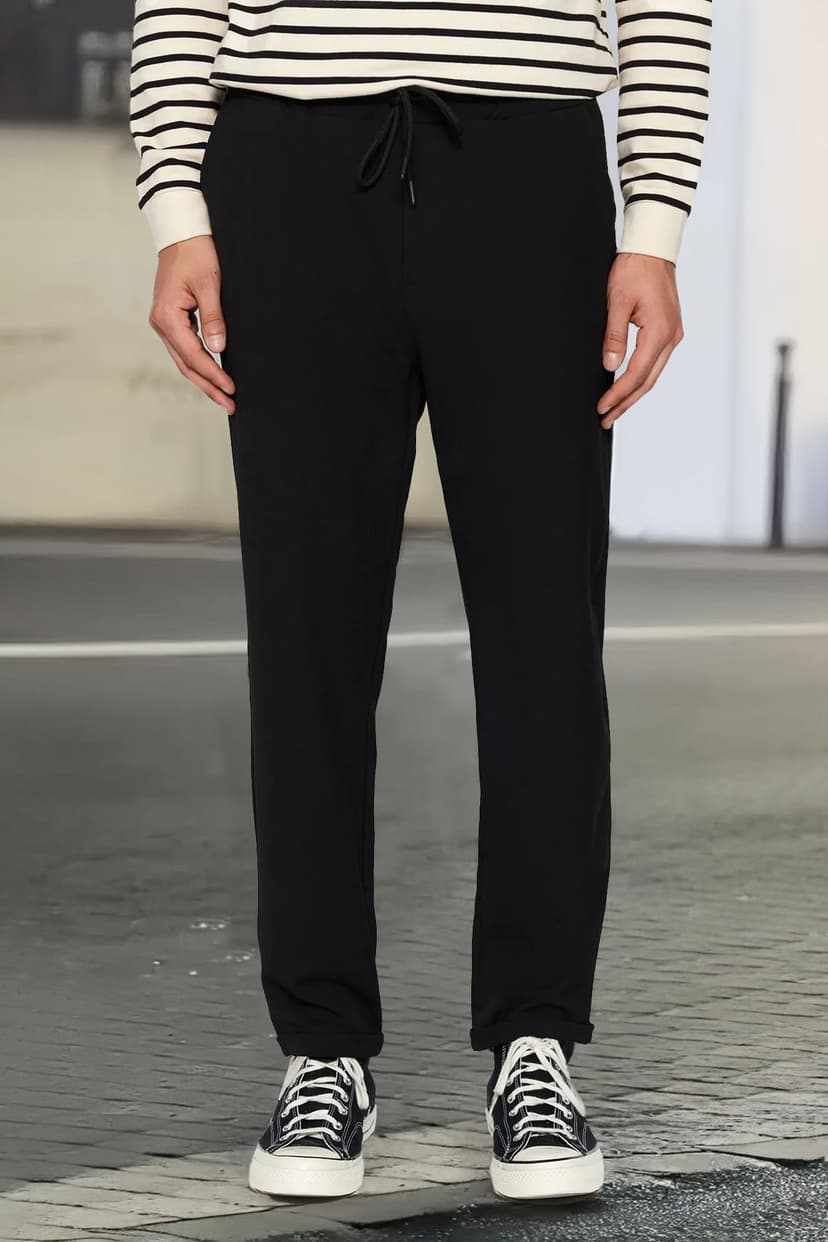 Siyah Beli Lastikli Slim Fit Duble Paça Kumaş Pantolon
