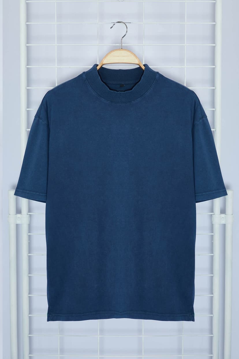 Half Turtle Neck Oversize/Geniş Kesim %100 Pamuklu Eskitme/Soluk Efektli T-Shirt