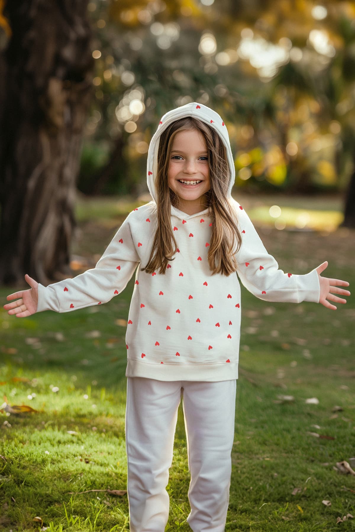 Ekru Kız Çocuk Mevsimlik-İnce Kalp Desenli Kapüşonlu Örme Sweatshirt