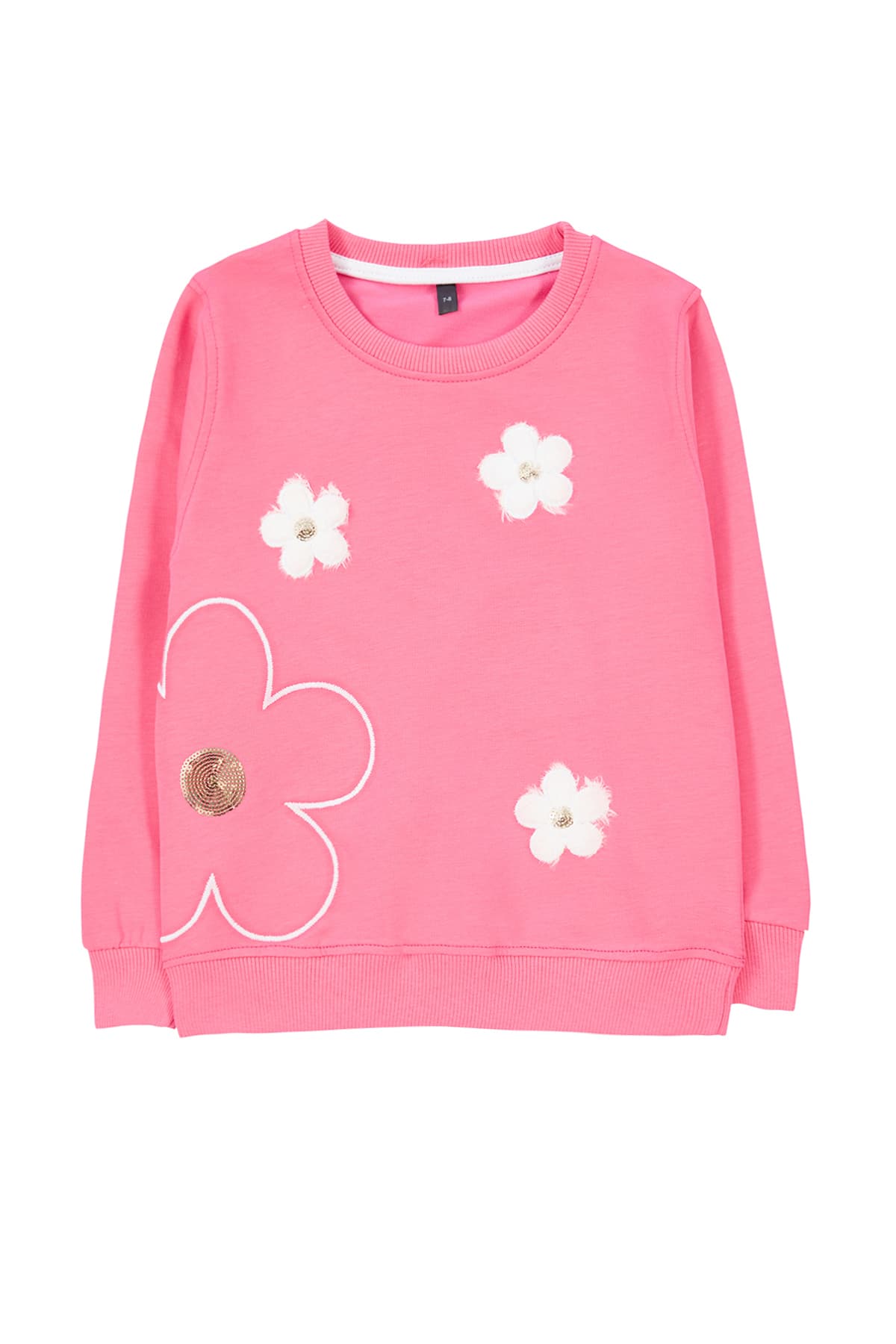 Fuşya Kız Çocuk Mevsimlik-İnce Çiçek Nakışlı Bisiklet Yaka Örme Sweatshirt