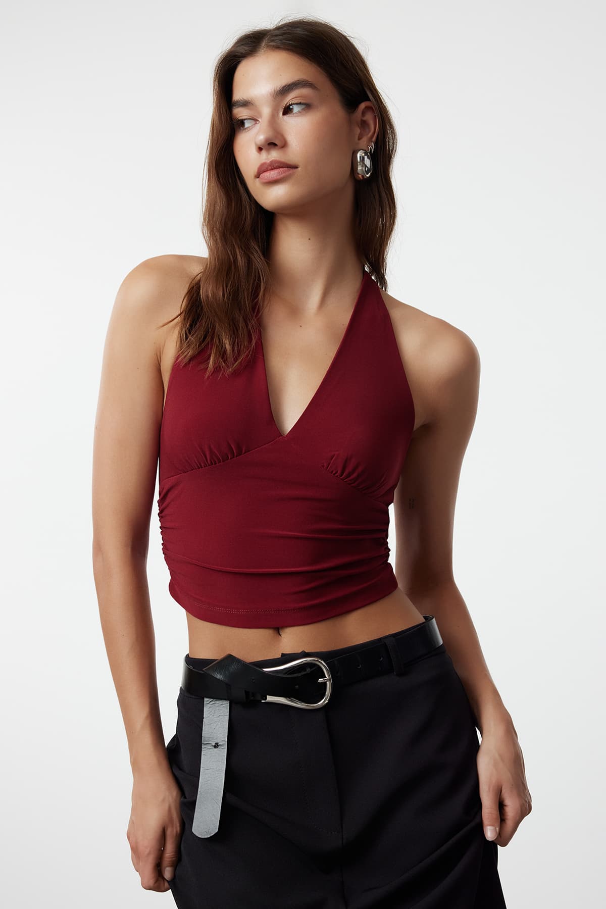 Bordo Boyundan Bağlamalı Vücuda Oturan Esnek Örme Bluz