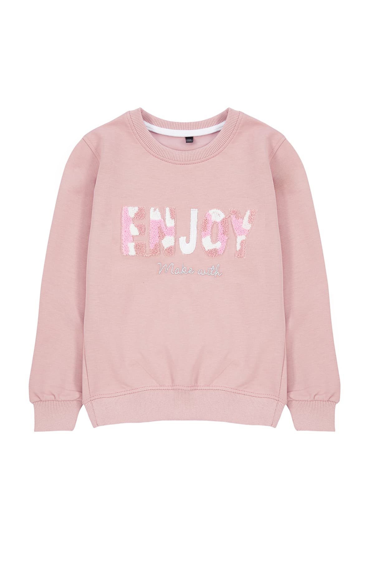 Gül Kurusu Kız Çocuk Mevsimlik-İnce Slogan Desenli Nakışlı Örme Sweatshirt